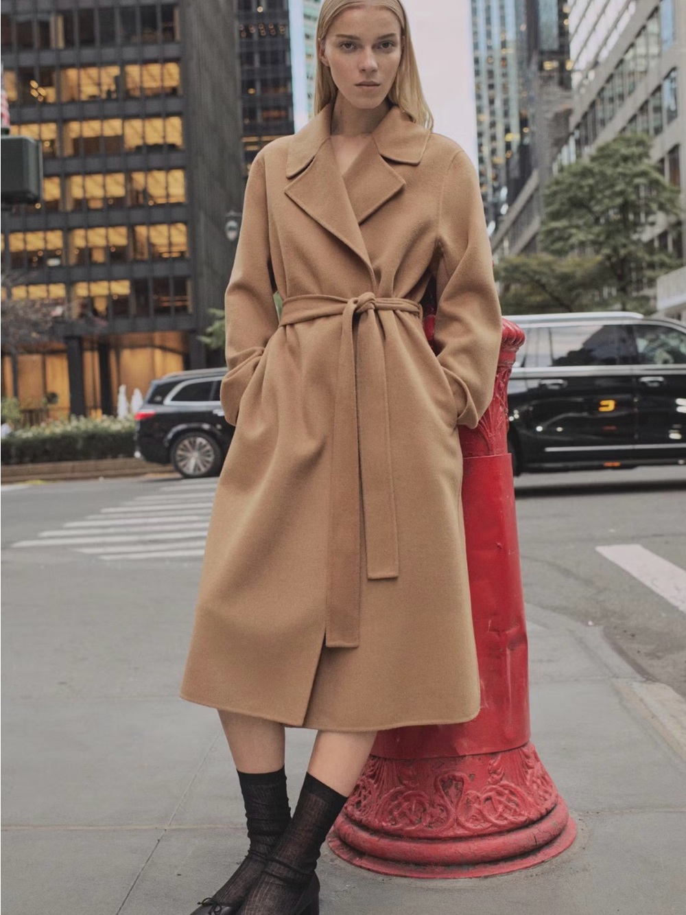 Mango Camel Belted Wrap Midi Coat
